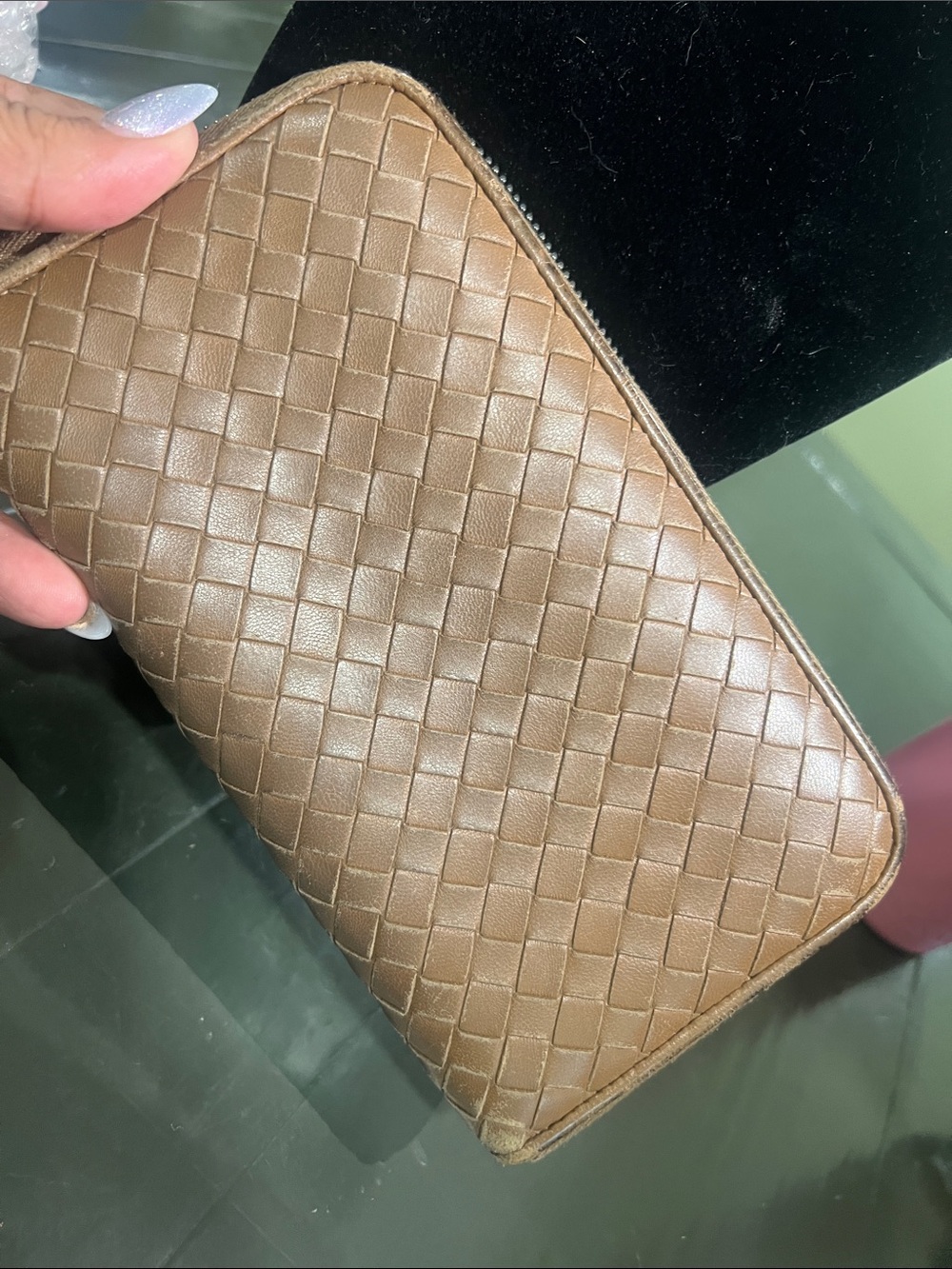 Bottega Veneta Tan Woven Zip Wallet